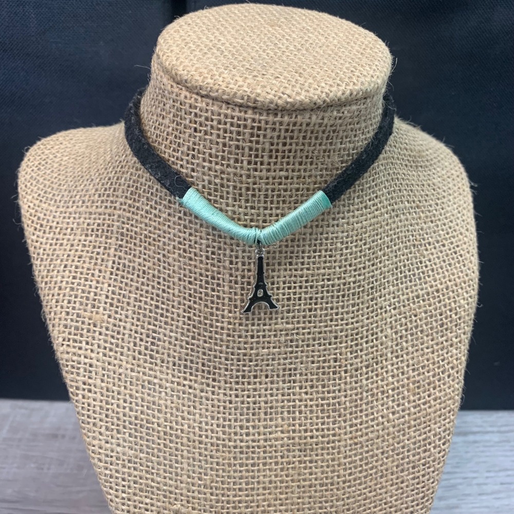 Eiffel Tower Charm Choker Necklace Black Cord Mint Green Wrap Parisian Style5494